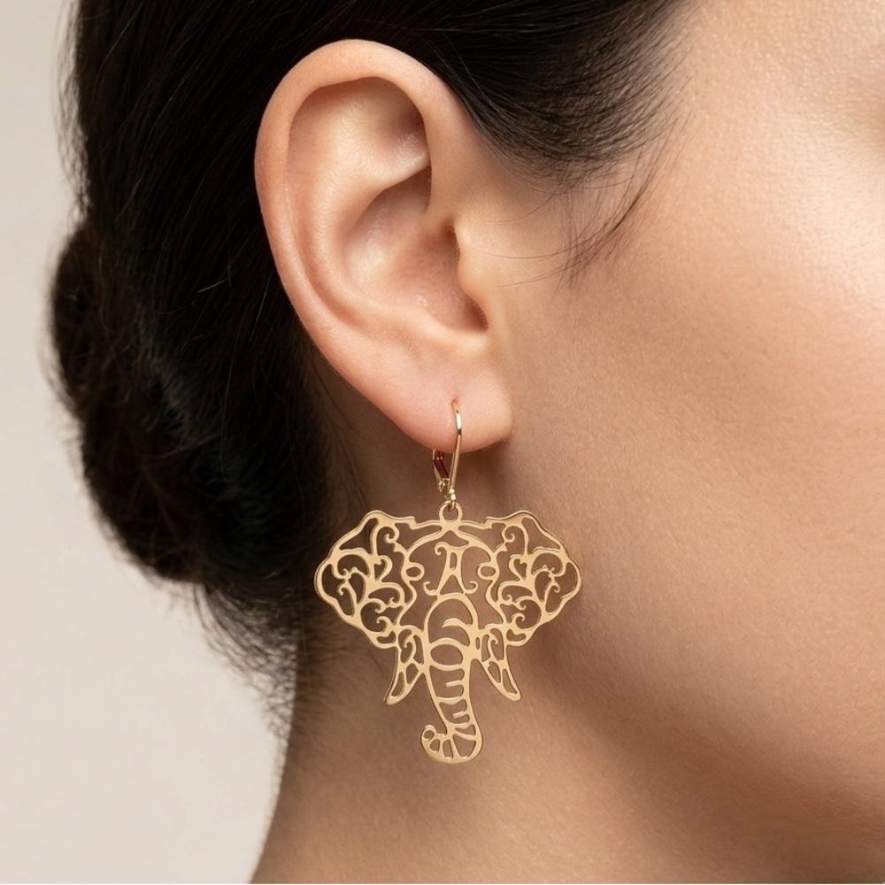 Bella Jack Filigree Elephant Earrings | Cutout Gold Tone Fishhook